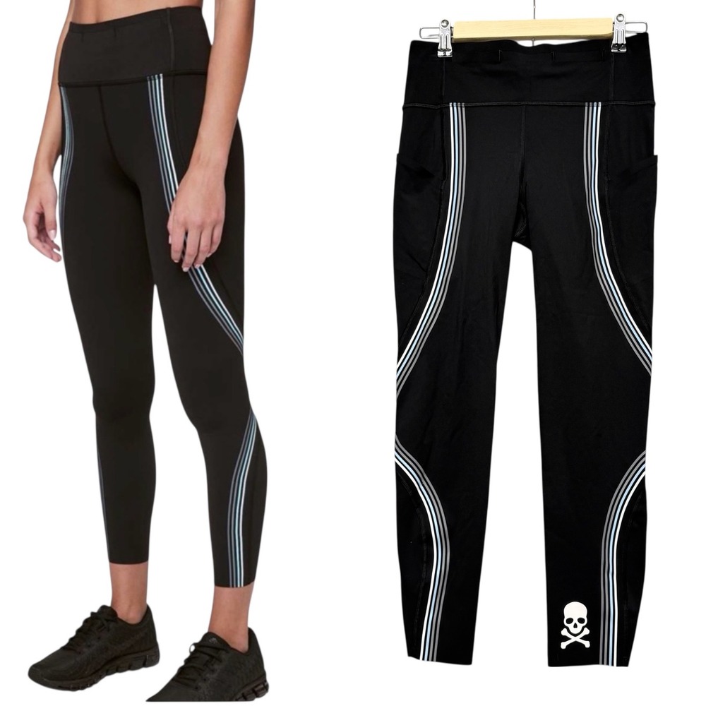 Lululemon Speed Light Women Size 8 Black Reflective Stripe Skull Graphic Legging